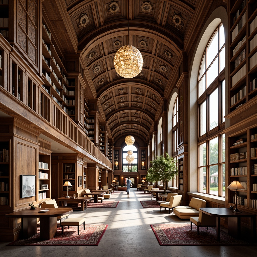 Prompt: Grandiose library interior, high ceilings, ornate chandeliers, wooden bookshelves, comfortable reading nooks, plush carpets, natural stone flooring, intricate architectural details, minimalist desks, ergonomic chairs, soft warm lighting, cozy atmosphere, shallow depth of field, 1/1 composition, realistic textures, ambient occlusion, floor-to-ceiling windows, abundant natural light, modern furniture design, sleek metal accents, vibrant colorful artwork, eclectic decorative elements.