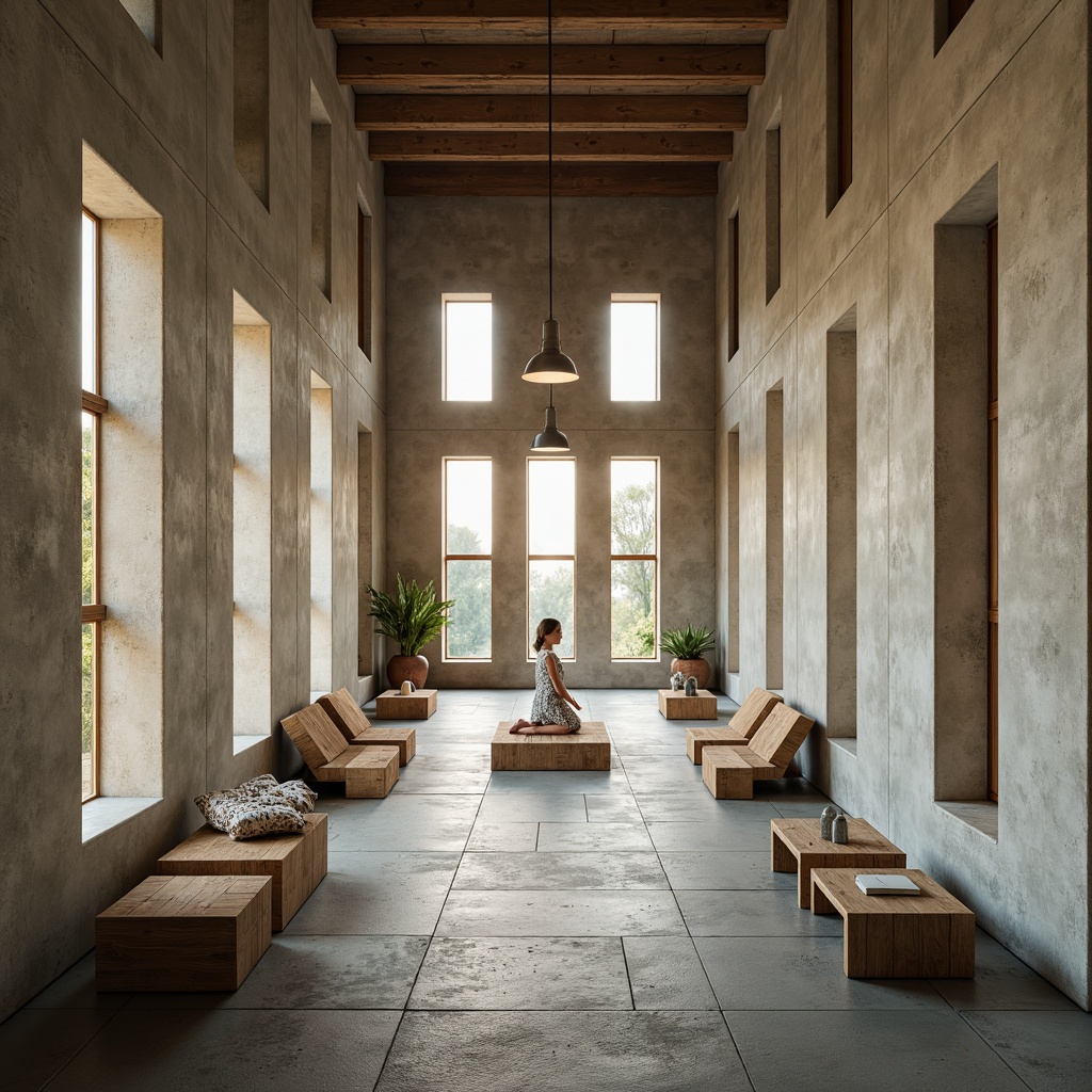 Prompt: Minimalist monastery, brutalist concrete walls, large windows, natural light pouring in, serene atmosphere, simple furniture, rustic wooden benches, stone floors, abstract art pieces, subtle color palette, soft warm lighting, shallow depth of field, 1/1 composition, panoramic view, realistic textures, ambient occlusion.