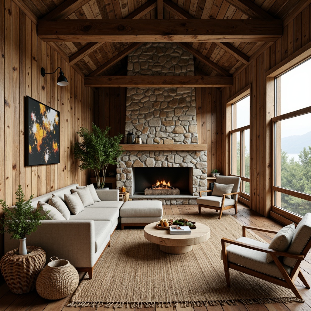 Prompt: Earthy cabin, reclaimed wood walls, natural stone fireplace, woven wicker furniture, jute rug, organic linen textiles, earthy color palette, moss-covered roof, wooden beam ceiling, large windows, soft warm lighting, shallow depth of field, 3/4 composition, panoramic view, realistic textures, ambient occlusion.