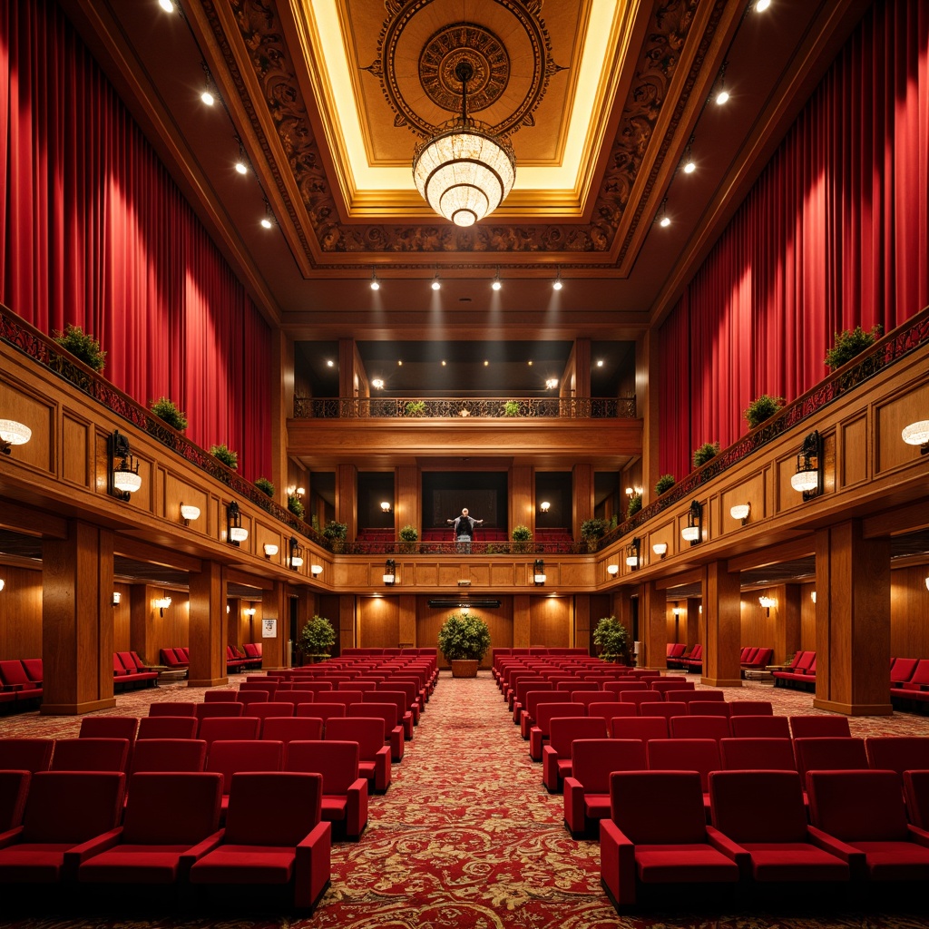 Prompt: Vibrant auditorium interior, rich wood accents, bold red curtains, warm golden lighting, plush velvet seats, ornate metal fixtures, intricate ceiling details, soft carpeting, acoustic panels, grand chandeliers, dramatic spotlights, 3/4 composition, shallow depth of field, cinematic atmosphere, luxurious ambiance, regal color scheme.