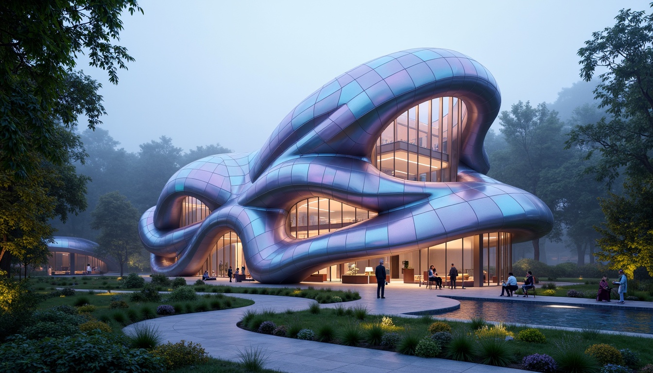 Prompt: Iridescent pavilion, amorphous blob-like structure, shimmering metallic fa\u00e7ade, iridescent colors, futuristic aesthetic, undulating curves, organic forms, translucent materials, glowing LED lights, misty atmosphere, foggy surroundings, lush greenery, winding pathways, reflective pools, ripples on water, abstract patterns, parametric design, algorithmic architecture, innovative cladding systems, sustainable building materials, energy-harvesting technologies, adaptive shading devices, responsive fa\u00e7ade systems, panoramic views, shallow depth of field, 1/1 composition, softbox lighting.