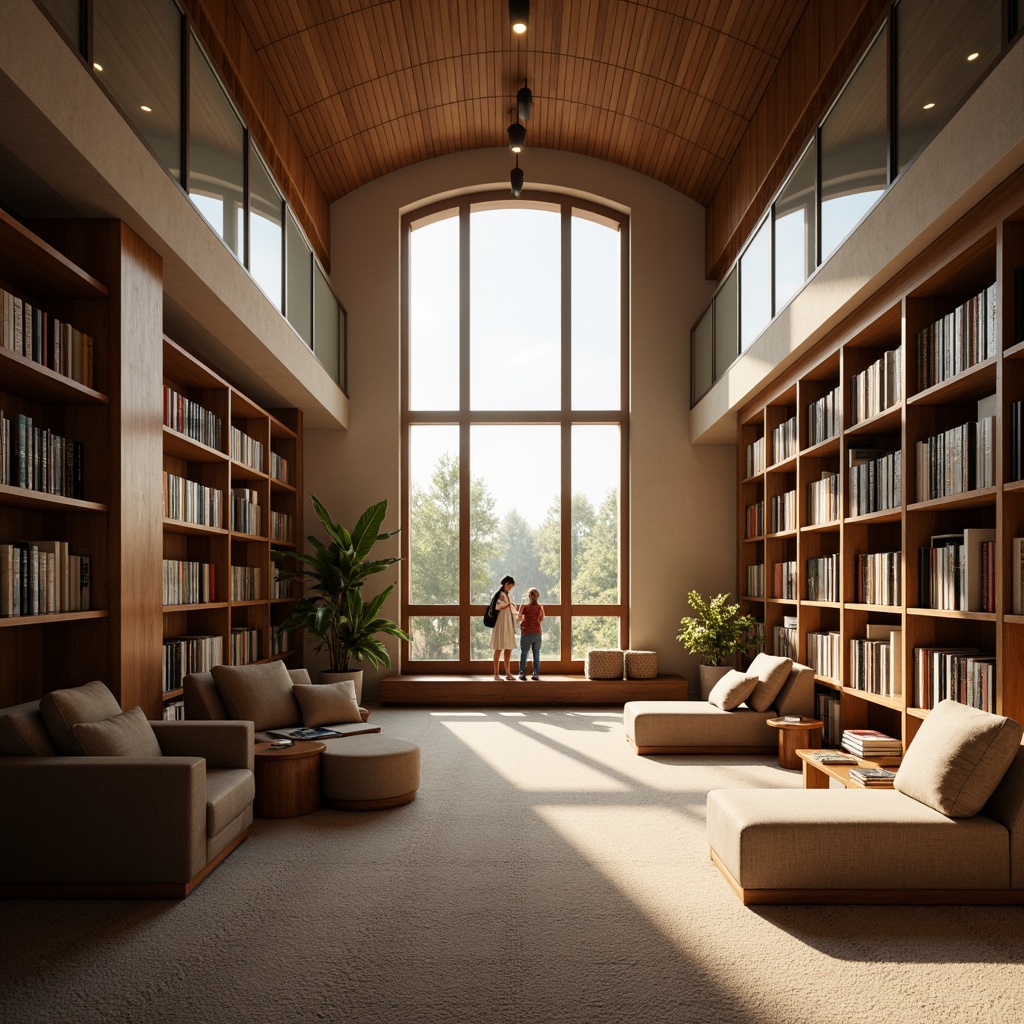 Prompt: Cozy reading nook, warm natural lighting, tall windows, wooden bookshelves, comfortable seating areas, soft carpet flooring, minimalist decor, calm atmosphere, studious ambiance, afternoon sunbeams, gentle shadows, subtle color palette, earthy tones, rich wood accents, elegant architectural details, modern library design, functional layouts, ample storage spaces, quiet zones, peaceful surroundings, serene environment, soft focus, shallow depth of field, 2/3 composition.