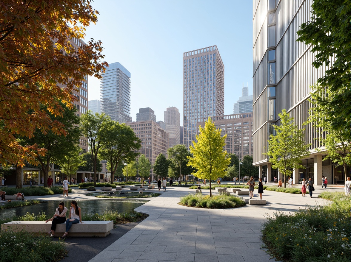 Prompt: Vibrant city square, lush greenery, modern water features, seating areas, pedestrian pathways, urban skylines, sleek contemporary architecture, large windows, glass facades, natural stone pavers, blooming trees, sunny day, soft warm lighting, shallow depth of field, 3/4 composition, panoramic view, realistic textures, ambient occlusion.