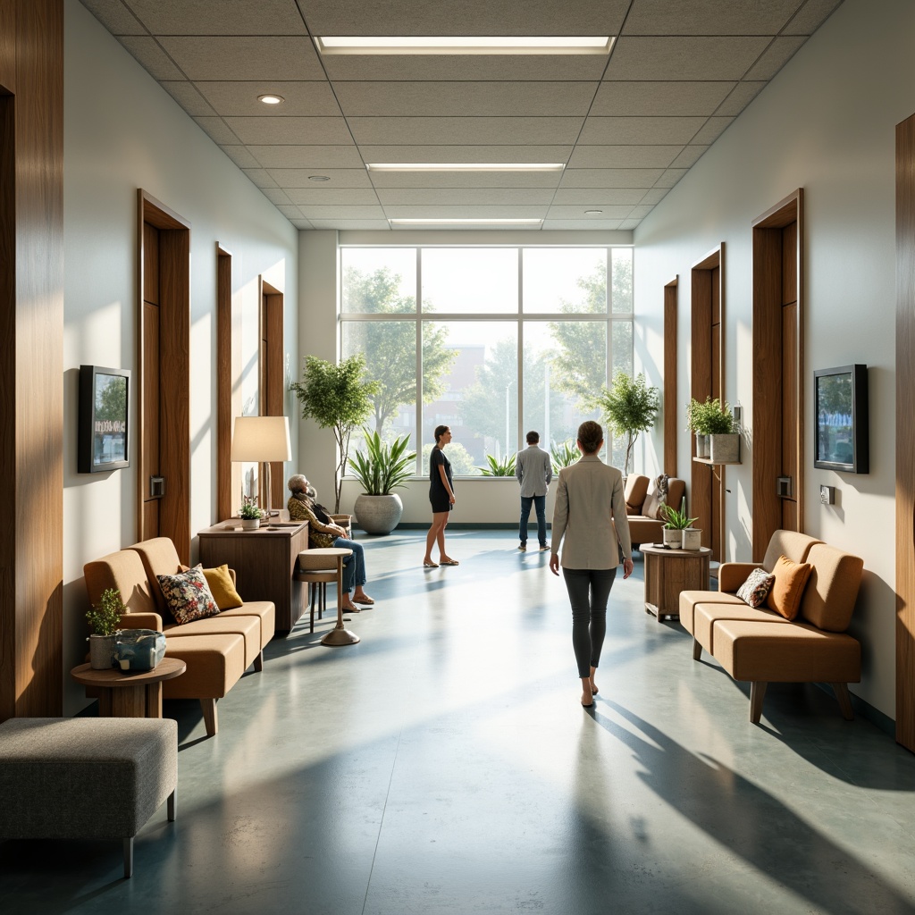 Prompt: Spacious hospital corridors, natural light, calming colors, comfortable seating areas, wooden accents, minimalist decor, advanced medical equipment, interactive patient screens, soothing ambient sounds, gentle air circulation, serene nurse stations, private consultation rooms, warm lighting, 3/4 composition, shallow depth of field, realistic textures, ambient occlusion.