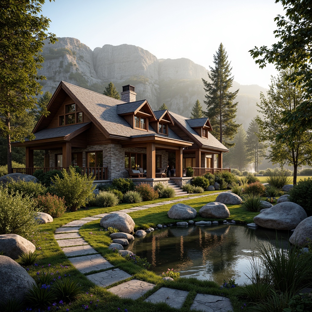 Prompt: Rustic mountain lodge, eclectic architectural style, asymmetrical rooflines, natural stone fa\u00e7ade, reclaimed wood accents, lush greenery, vibrant wildflowers, meandering walkways, rugged boulders, serene water features, tranquil ponds, misty mornings, warm golden lighting, shallow depth of field, 1/2 composition, intimate framing, earthy color palette, organic textures, ambient occlusion.