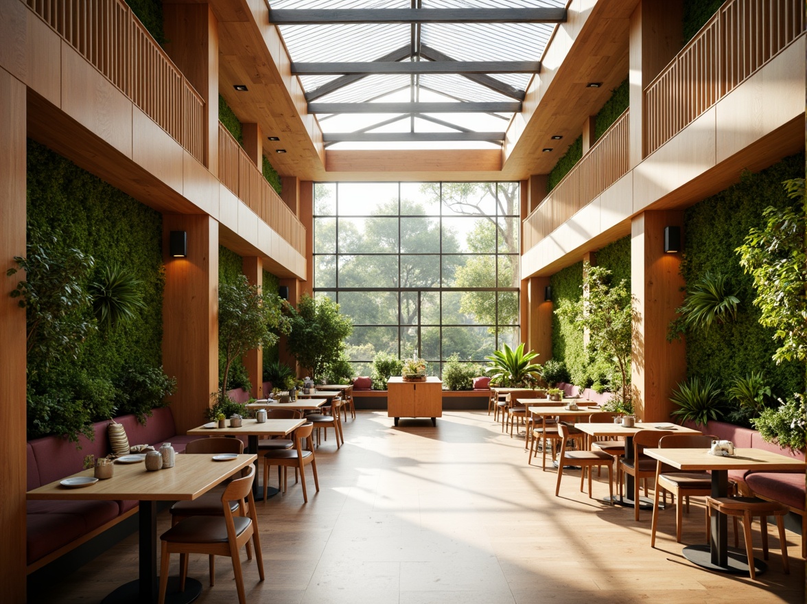 Prompt: Vibrant dining hall, natural light pouring through, large windows, skylights, open ceiling, warm wooden accents, modern minimalist chairs, sleek tables, greenery walls, lush plants, soft diffused lighting, shallow depth of field, 1/2 composition, realistic textures, ambient occlusion, warm color palette, cozy atmosphere, morning sunlight, breakfast setting.