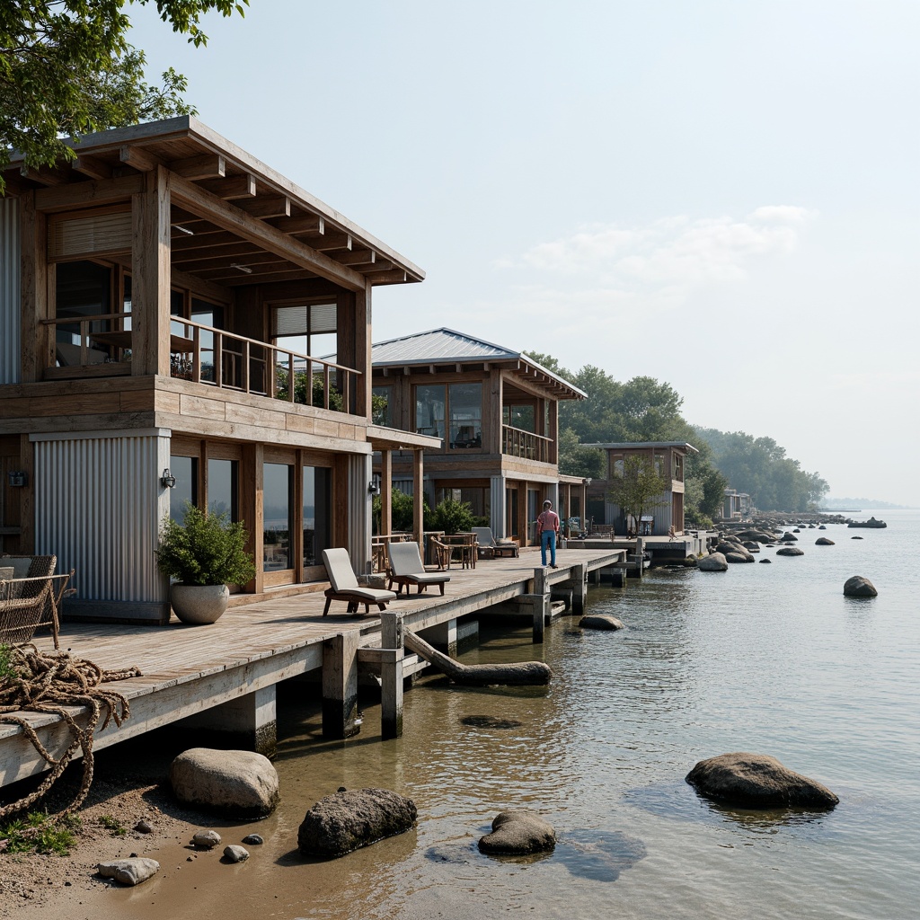 Prompt: Weathered wooden docks, ocean-battered piers, rustic nautical ropes, sandy beaches, driftwood accents, sea-eroded stones, corrugated metal siding, marine-grade stainless steel fixtures, durable weather-resistant materials, salt-sprayed glass windows, beachy color palette, soft natural lighting, 1/2 composition, realistic water textures, ambient ocean sounds.