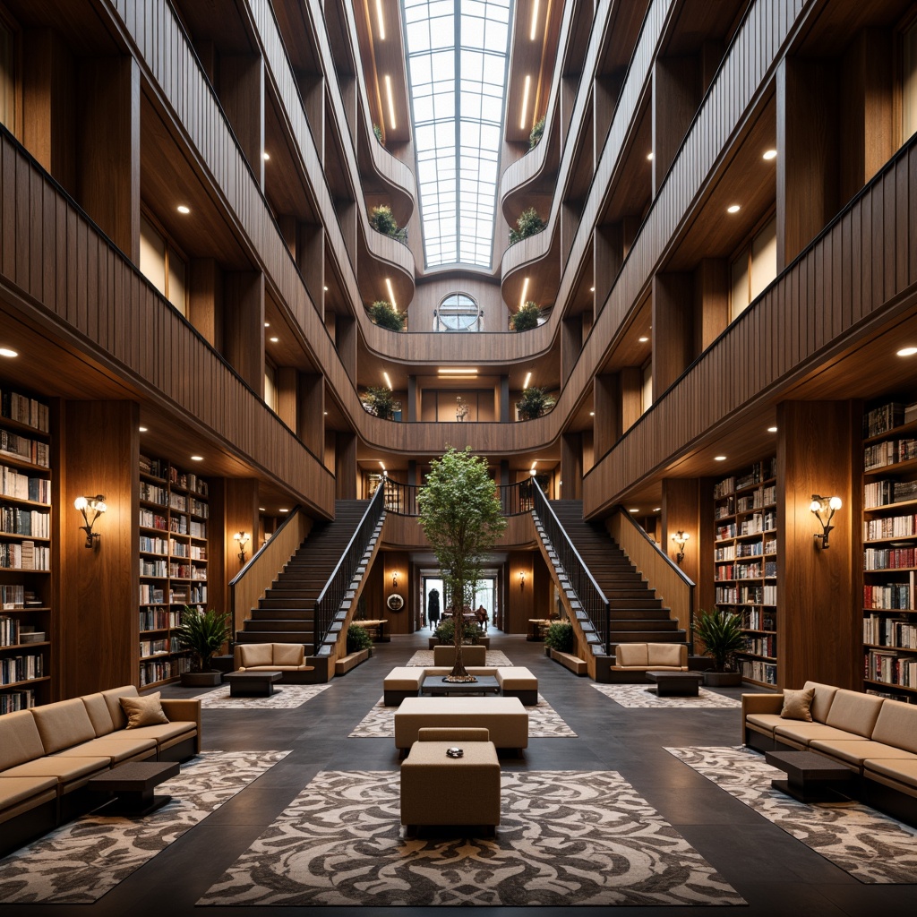 Prompt: Grandiose library interior, high ceilings, ornate chandeliers, sweeping staircases, rich wood paneling, comfortable reading nooks, floor-to-ceiling bookshelves, geometric patterned carpets, modern minimalist seating, sleek metal railings, natural stone flooring, warm ambient lighting, soft shadows, 1/1 composition, realistic textures, subtle color palette, atmospheric mist, intellectual ambiance.