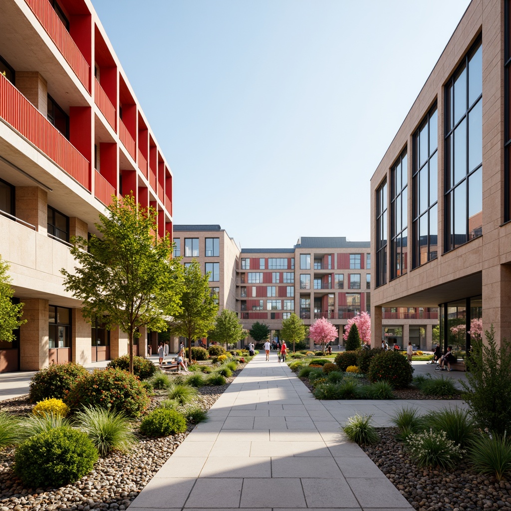 Prompt: Vibrant university campus, modern international style architecture, bold red accents, sleek glass facades, neutral beige stone walls, lush greenery, blooming flowers, vibrant street art, urban furniture, pedestrian pathways, natural stone pavers, metallic railings, minimalist design, functional layout, ample natural light, soft warm lighting, shallow depth of field, 3/4 composition, panoramic view, realistic textures, ambient occlusion.