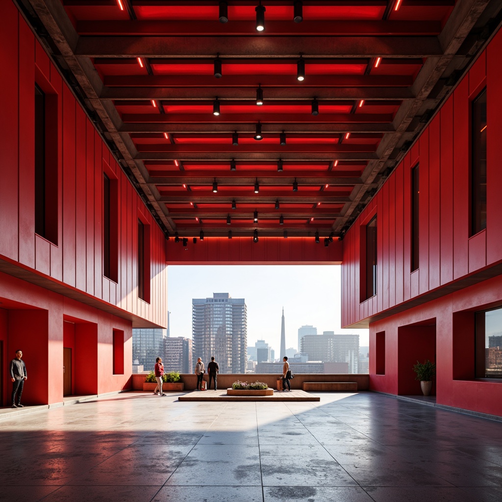 Prompt: Geometric auditorium, bold primary colors, rectangular forms, clean lines, minimal ornamentation, functional simplicity, industrial materials, exposed ductwork, steel beams, concrete floors, dramatic spotlights, high ceilings, asymmetrical compositions, vibrant red accents, graphic patterns, modernist typography, urban cityscape, sunny afternoon, strong shadows, 1/1 composition, high contrast lighting, realistic reflections.