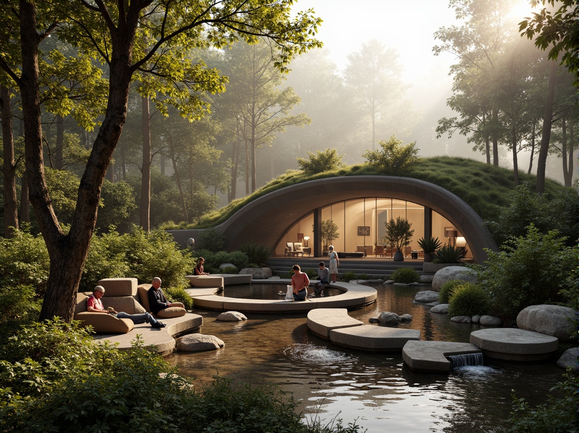 Prompt: Curved pavilion structure, organic blob shape, natural stone cladding, lush green roof, cascading water features, serene forest surroundings, warm sunlight filtering through tree canopies, misty atmosphere, soft warm lighting, shallow depth of field, 3/4 composition, panoramic view, realistic textures, ambient occlusion, meandering walkways, rustic wooden benches, native plant species, earthy color palette, blended boundaries between architecture and landscape.