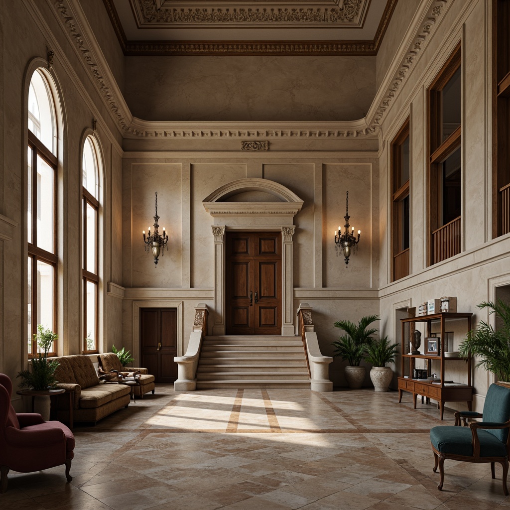 Prompt: Historic courthouse, neoclassical architecture, grand entrance, marble columns, ornate details, rich wood tones, solemn atmosphere, natural stone walls, vintage furniture, elegant chandeliers, subtle color palette, muted earthy tones, neutral beige, soft grays, warm wood accents, metallic hardware, dramatic high ceilings, symmetrical composition, formal lighting, realistic textures, ambient occlusion.