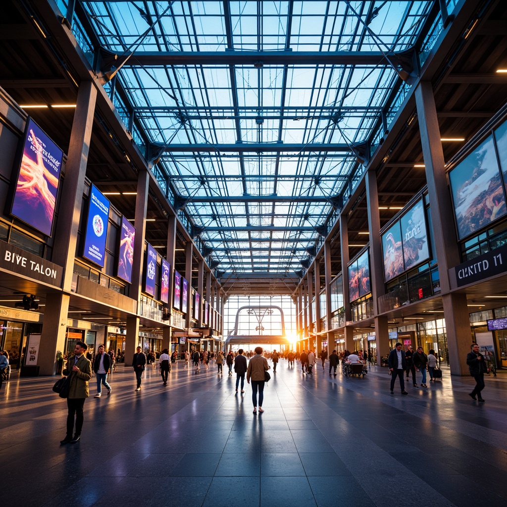 Prompt: Vibrant airport terminal, futuristic architecture, dynamic lines, bold shapes, neon-lit signage, steel beams, polished marble floors, modern chandeliers, glass ceilings, airy atriums, bustling crowds, early morning sunlight, warm golden lighting, shallow depth of field, 1/2 composition, symmetrical view, stylized textures, ambient occlusion, electric blue hues, fiery orange accents, deep purple shades, metallic silver tones.