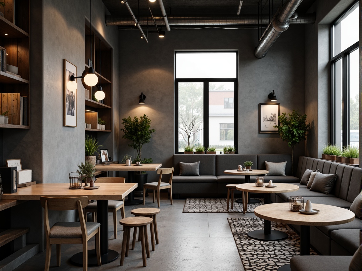 Prompt: Cozy coffee shop interior, gray-toned walls, dark wood accents, minimalist decor, industrial metal lighting fixtures, reclaimed wooden tables, comfortable gray velvet sofas, geometric-patterned rugs, modern art pieces, large windows, natural light, warm atmosphere, 1/1 composition, soft focus, realistic textures, ambient occlusion.