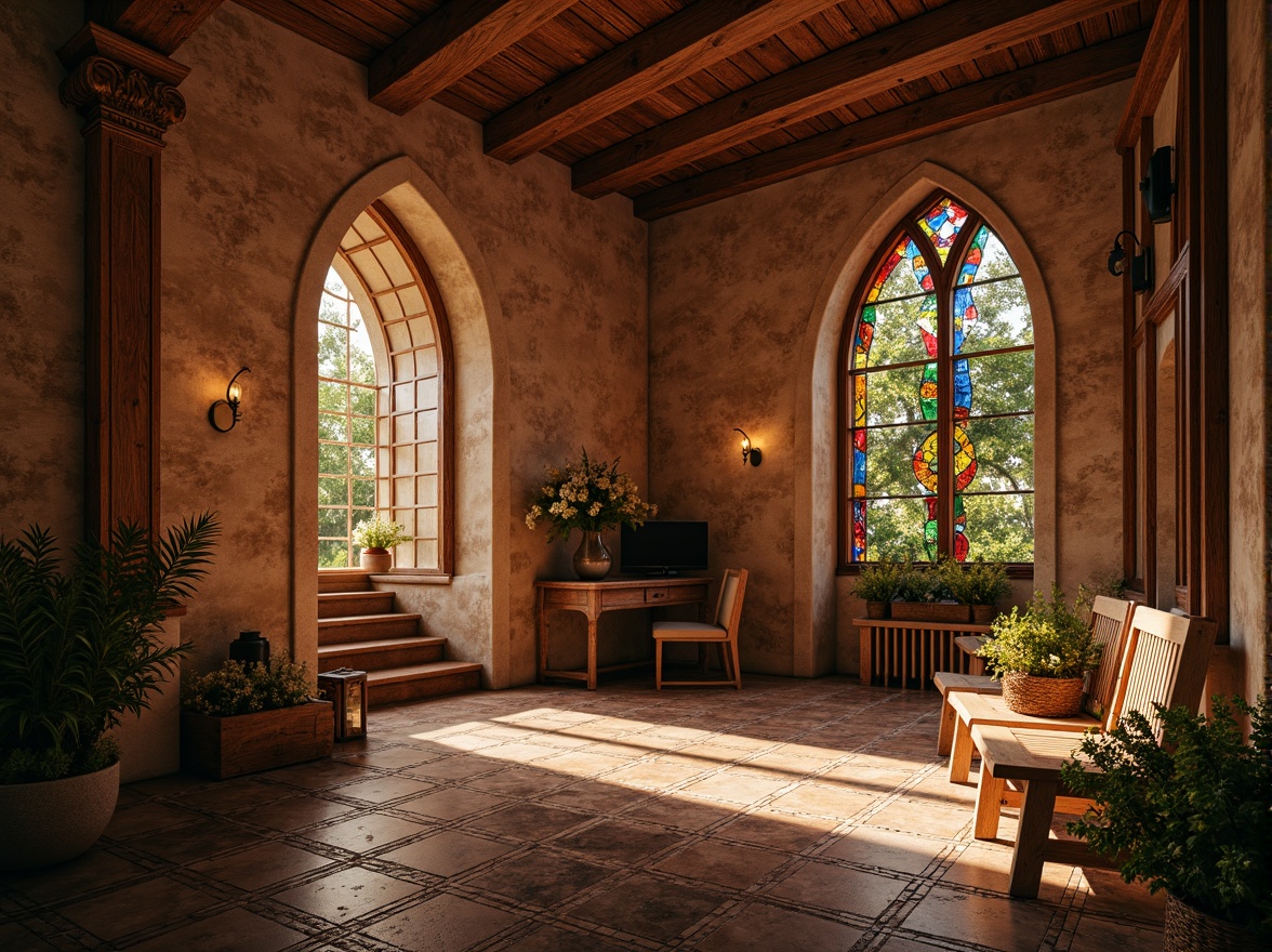 Prompt: Warm earthy tones, rustic stone walls, weathered wooden accents, ornate carvings, grandiose archways, vibrant stained glass windows, richly patterned floor tiles, soft warm lighting, shallow depth of field, 3/4 composition, realistic textures, ambient occlusion.