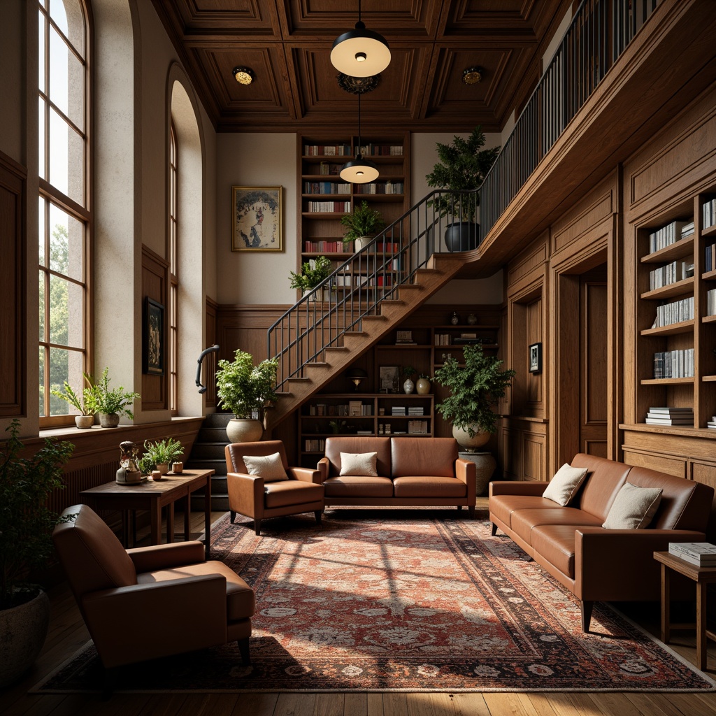 Prompt: Muted earth tones, warm beige walls, rich wood accents, vintage leather furniture, dimly lit atmosphere, soft warm lighting, ornate wooden paneling, classic academic architecture, high ceilings, large windows, grand staircases, rich fabrics, intricate patterns, subtle textures, rustic metal fixtures, aged bookshelves, nostalgic artifacts, dramatic shadows, cinematic composition, 1/1 aspect ratio, realistic render.