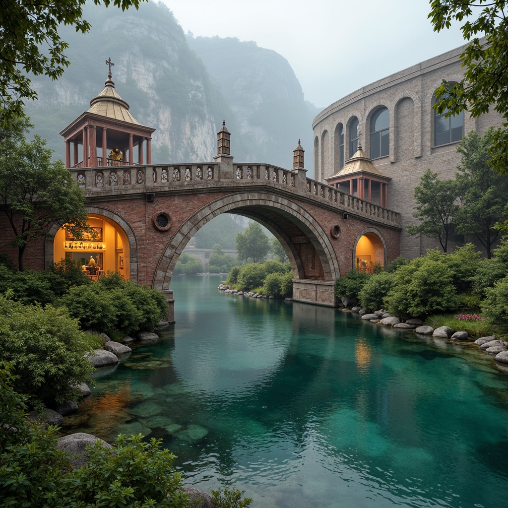 Prompt: Majestic Byzantine-style bridge, ornate stone carvings, warm golden arches, rustic red brick piers, turquoise water reflections, lush green riverbanks, misty morning atmosphere, soft diffused lighting, 1/1 composition, symmetrical architecture, intricate mosaics, rich jewel-toned accents, ornamental ironwork, ancient weathered stones, mysterious foggy ambiance.