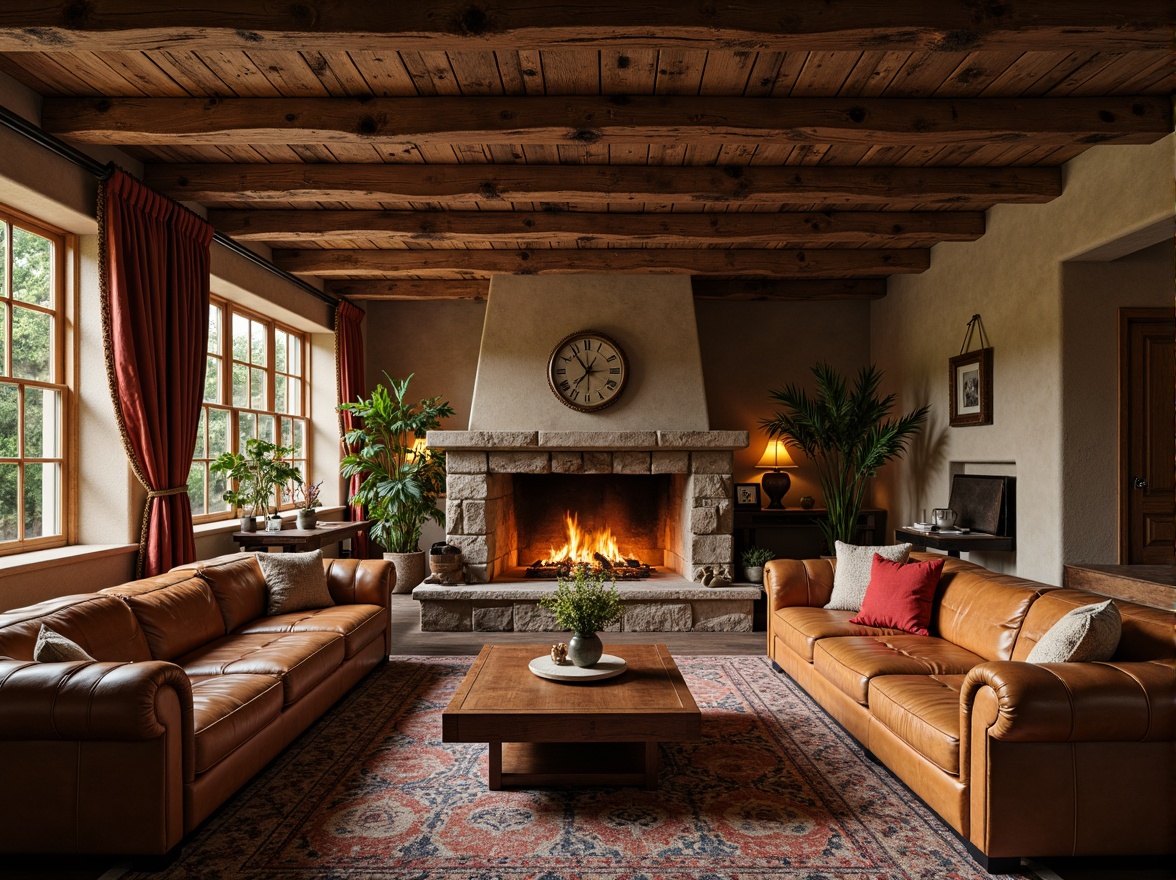 Prompt: Rustic country manor, vintage Art Deco elements, ornate wooden furniture, distressed leather sofas, velvet drapes, antique bronze fixtures, natural stone fireplaces, wooden ceiling beams, earthy color palette, warm golden lighting, shallow depth of field, 1/2 composition, soft focus, realistic textures, ambient occlusion.