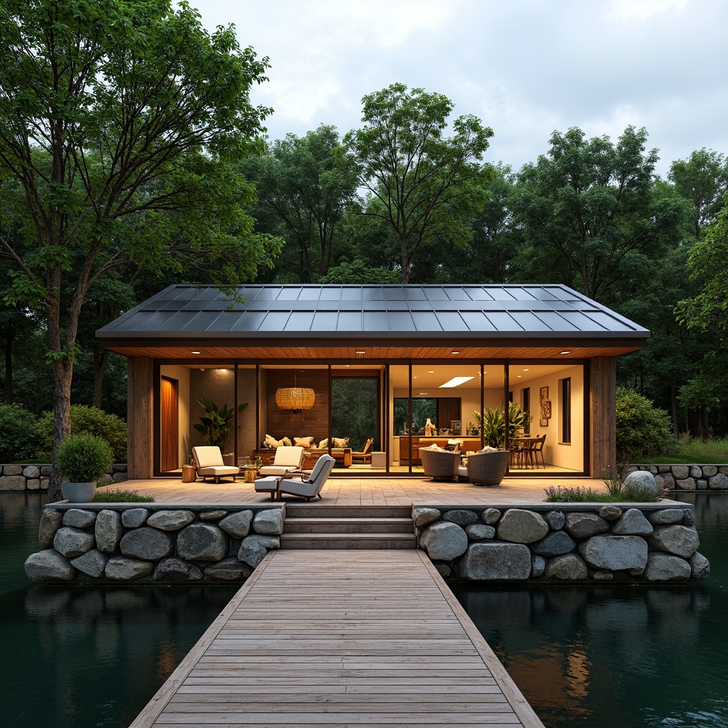 Prompt: Rustic boathouse, wooden dock, serene lake surroundings, lush greenery, water reflections, eco-friendly materials, reclaimed wood accents, corrugated metal roofing, natural stone foundations, earthy color palette, sustainable building practices, solar-powered lighting, rainwater harvesting systems, living roofs, native plant species, driftwood decorations, nautical-themed accessories, warm cozy interiors, large windows, sliding glass doors, soft warm lighting, shallow depth of field, 3/4 composition, panoramic view, realistic textures, ambient occlusion.