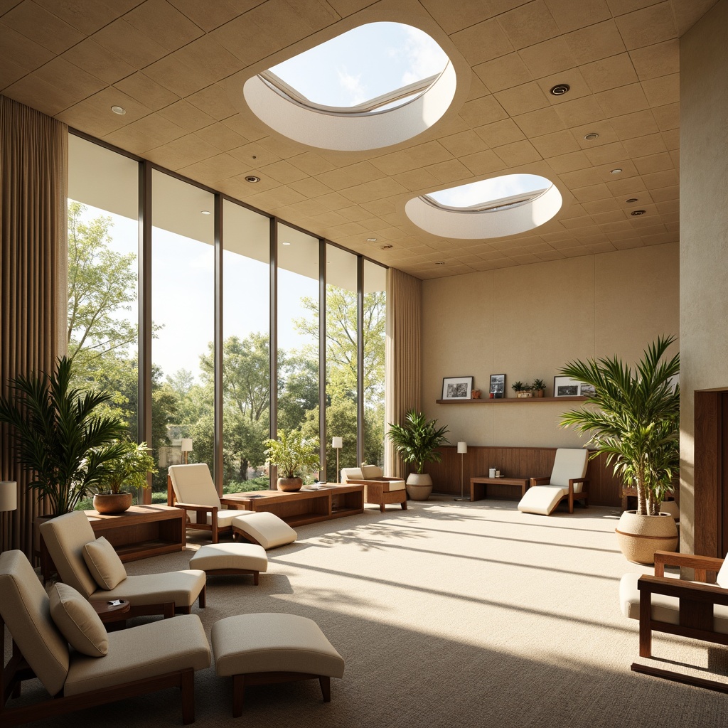 Prompt: Calming rehabilitation center, abundant natural light, floor-to-ceiling windows, skylights, soft warm glow, gentle shadows, peaceful atmosphere, comfortable seating areas, plants and greenery, wooden accents, minimalist decor, subtle color palette, soothing music, aromatherapy, relaxation rooms, meditation spaces, warm beige tones, soft carpets, gentle curves, organic shapes, 1/1 composition, realistic textures, ambient occlusion.