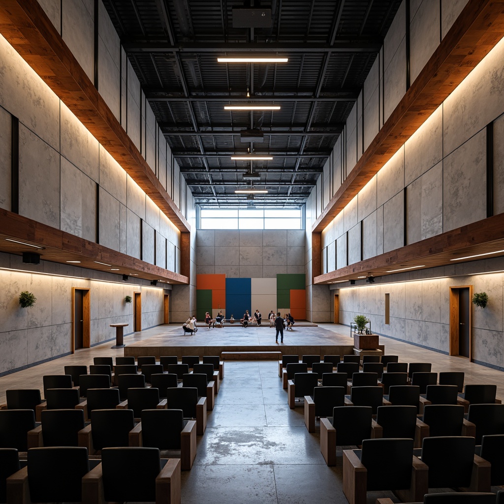 Prompt: Geometric auditorium, brutalist architecture, concrete walls, industrial metal beams, minimalist decor, rectangular stage, avant-garde lighting fixtures, bold color accents, abstract acoustic panels, futuristic sound systems, sleek speaker designs, modernist seating arrangements, open floor plans, high ceilings, natural light infiltration, dramatic shadows, low-key ambiance, softbox lighting, 3/4 composition, symmetrical framing, realistic textures, ambient occlusion.