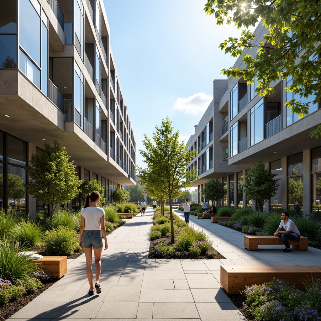 Prompt: Vibrant university campus, modernist architecture, sleek glass facades, exposed concrete structures, metallic accents, wooden benches, lush greenery, blooming flowers, pedestrian walkways, natural stone pavers, abstract sculptures, minimalist landscaping, bright sunny day, soft warm lighting, shallow depth of field, 3/4 composition, panoramic view, realistic textures, ambient occlusion.