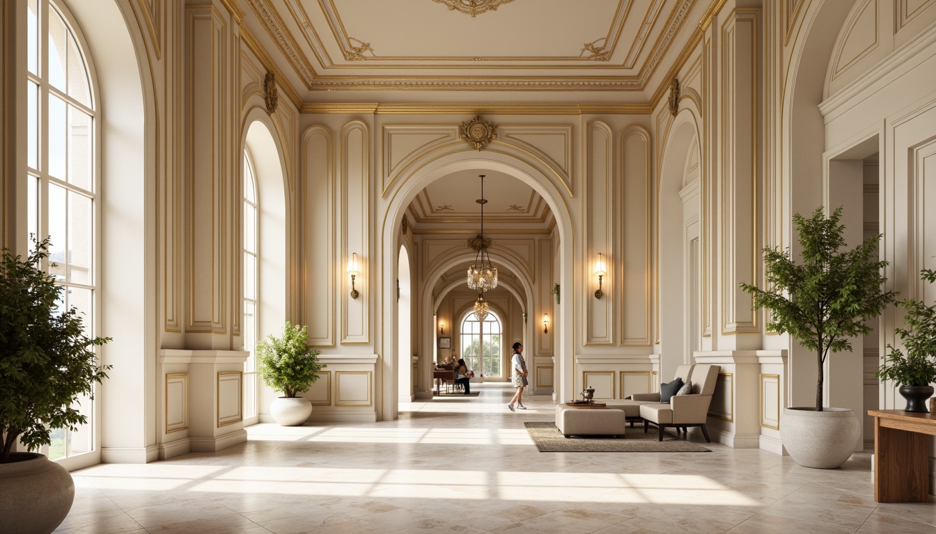 Prompt: Elegant classical architecture, ornate details, neutral beige, soft cream, rich gold accents, subtle brown undertones, muted greenery, refined marble textures, intricate moldings, symmetrical compositions, warm natural lighting, shallow depth of field, 1/1 aspect ratio, realistic renderings, ambient occlusion.