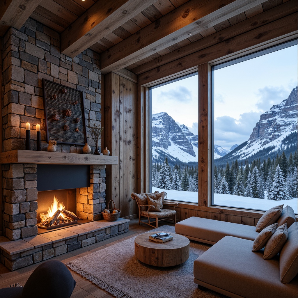 Prompt: Snow-capped mountains, rustic wooden chalets, natural stone walls, earthy tones, cozy fireplaces, reclaimed wood accents, woven wool textiles, ski lift machinery, snowflake patterns, frozen lakes, misty forests, winter scenery, warm candlelight, shallow depth of field, 1/2 composition, panoramic view, realistic textures, ambient occlusion.