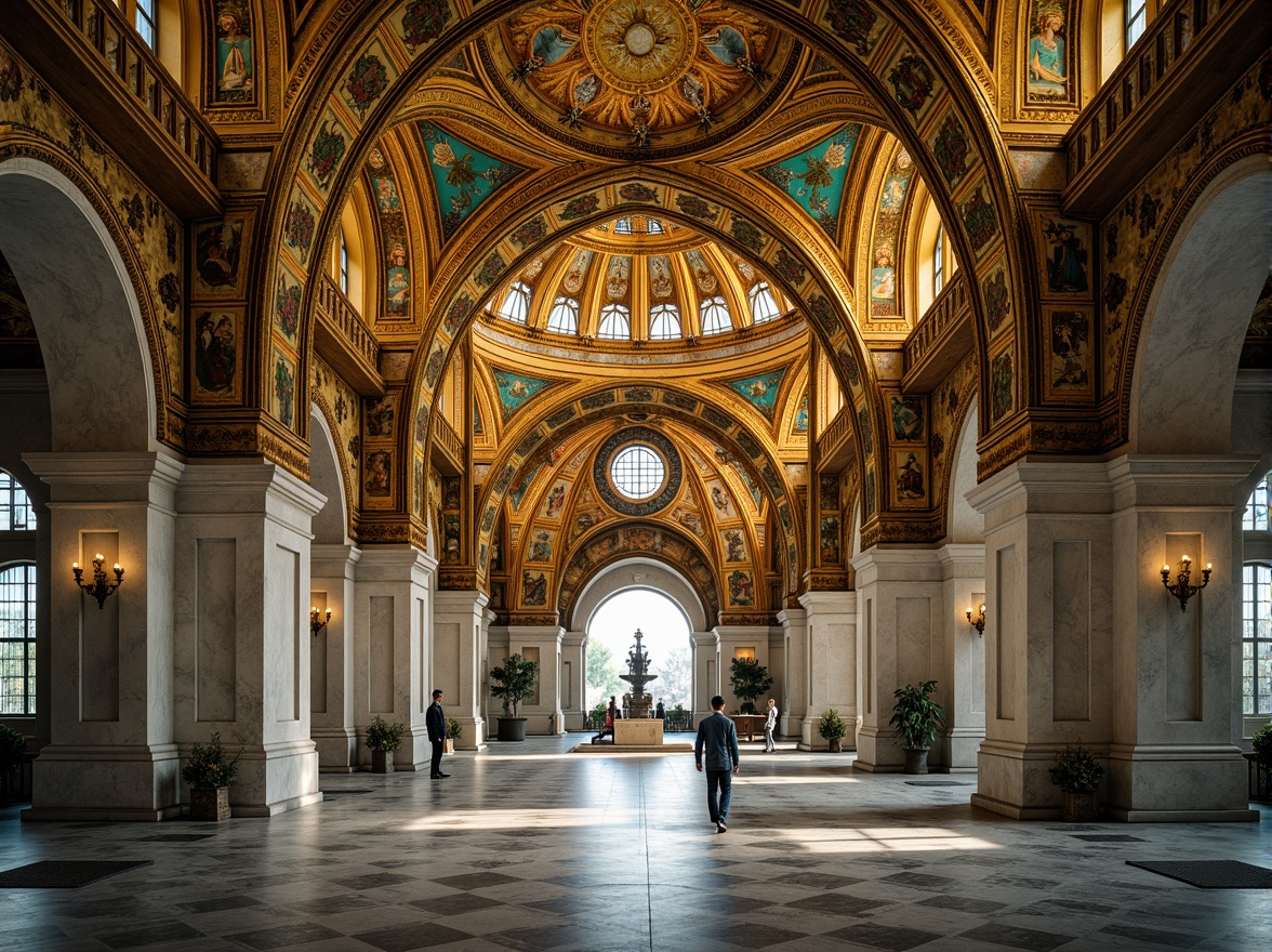 Prompt: Intricate domes, ornate golden mosaics, grandiose archways, Byzantine-inspired patterns, vibrant turquoise accents, majestic stone columns, lavish marble floors, ornamental frescoes, mystical ambiance, soft warm lighting, shallow depth of field, 1/2 composition, realistic textures, ambient occlusion, serene atmospheric perspective.