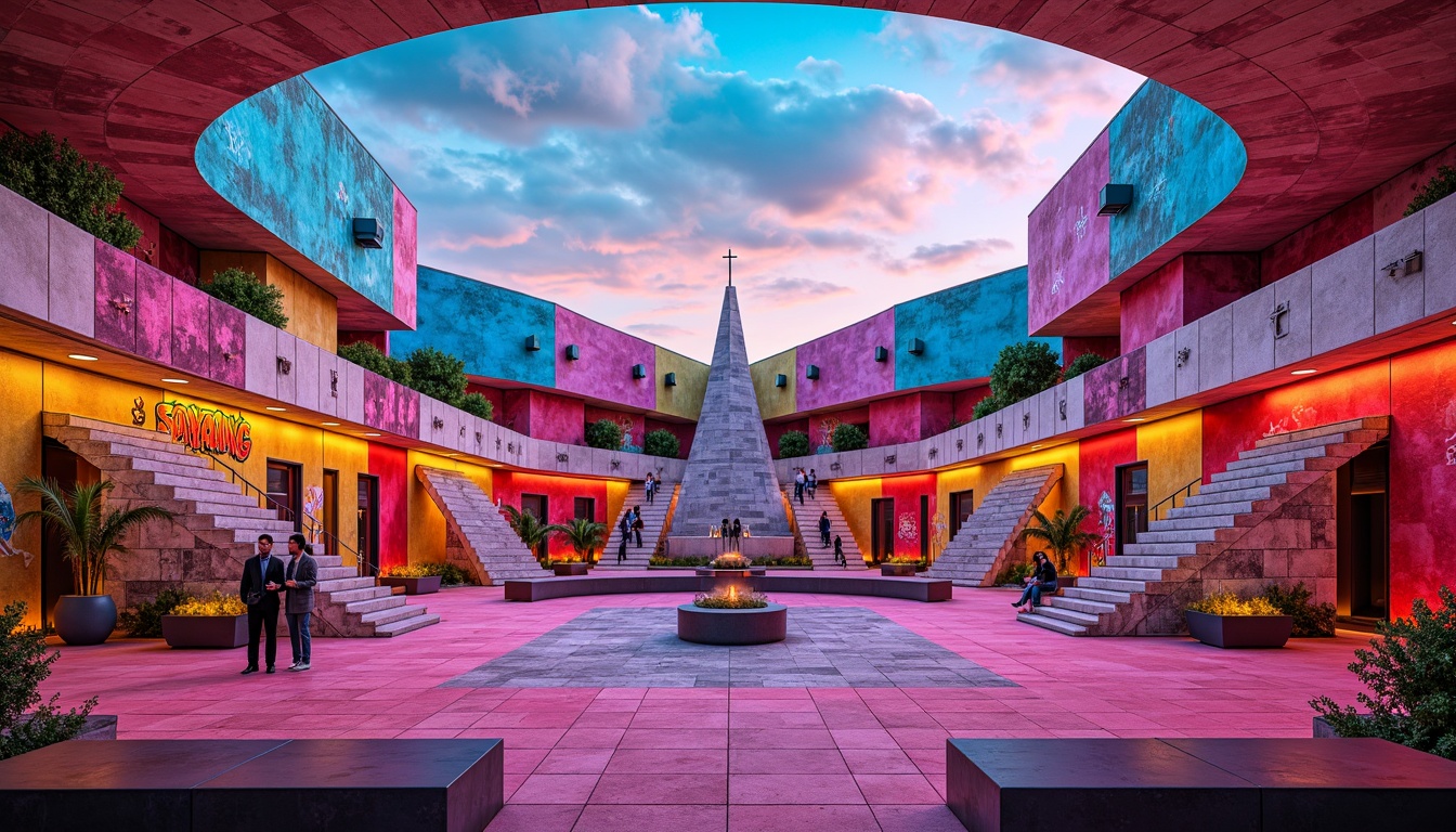 Prompt: Vibrant postmodern amphitheater, bold geometric shapes, clashing color blocks, eclectic textures, distressed stone walls, abstract graffiti, neon accent lights, retro-futuristic vibes, pastel pink hues, electric blue tones, sunshine yellow accents, deep crimson reds, iridescent purples, metallic silver reflections, glossy black accents, avant-garde architecture, asymmetrical composition, dramatic lighting effects, 1/2 composition, high contrast ratio, cinematic color grading.