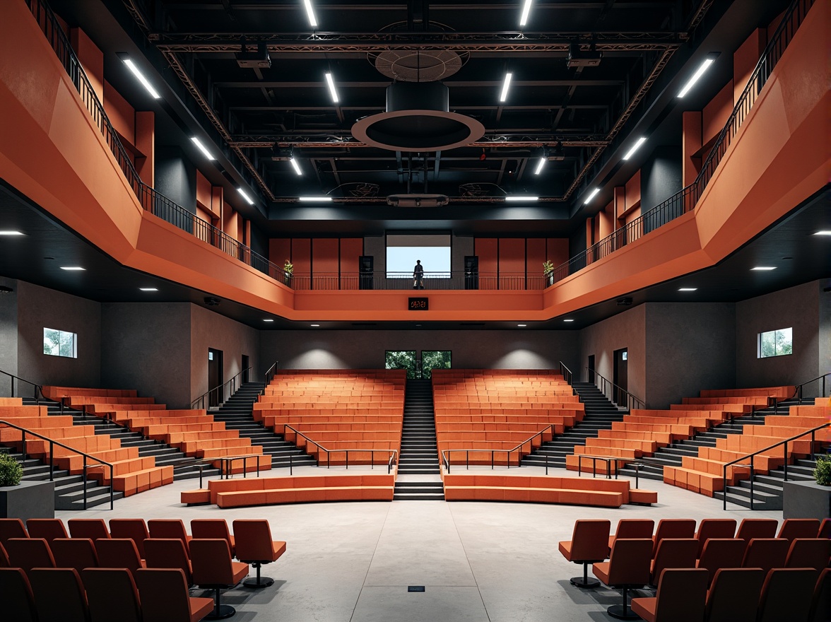 Prompt: Geometric auditorium interior, minimalist seating arrangements, rectangular stage platforms, sleek metal railings, industrial-style lighting fixtures, exposed ductwork ceilings, concrete floors, acoustic paneling walls, sound-absorbing materials, curved balcony levels, stepped seating areas, functionalist design elements, bold color accents, futuristic ambiance, high-contrast lighting, dramatic shadows, 1/2 composition, wide-angle lens, cinematic framing, realistic textures, ambient occlusion.Let me know if this meets your expectations!