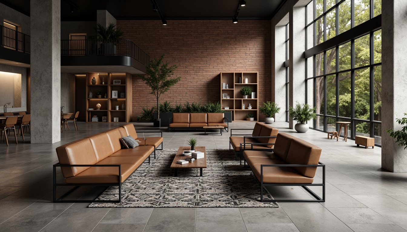 Prompt: Bauhaus-style interior, minimalist decor, industrial chic atmosphere, polished concrete floors, exposed brick walls, geometric patterned rugs, low-profile seating, sleek metal frames, leather upholstery, tufted cushions, angular lines, monochromatic color scheme, warm ambient lighting, 1/2 composition, shallow depth of field, realistic textures, subtle shading.