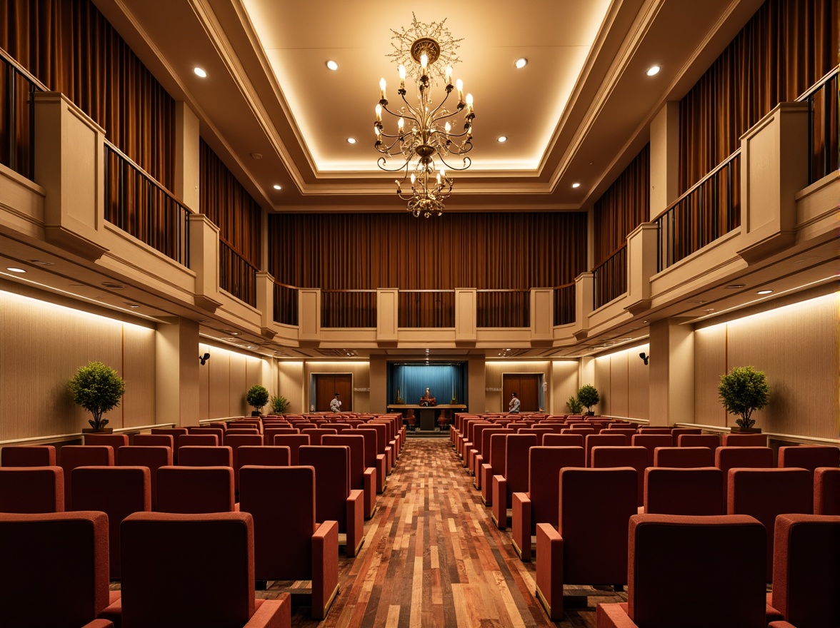 Prompt: Elegant auditorium interior, rich velvet curtains, plush seating, polished wooden floors, ornate chandeliers, soft golden lighting, warm beige walls, subtle gradient effects, sophisticated color scheme, harmonious contrast, deep blue accents, creamy white trim, metallic silver details, luxurious textures, refined atmosphere, 1/1 composition, dramatic spotlighting, soft focus blur.