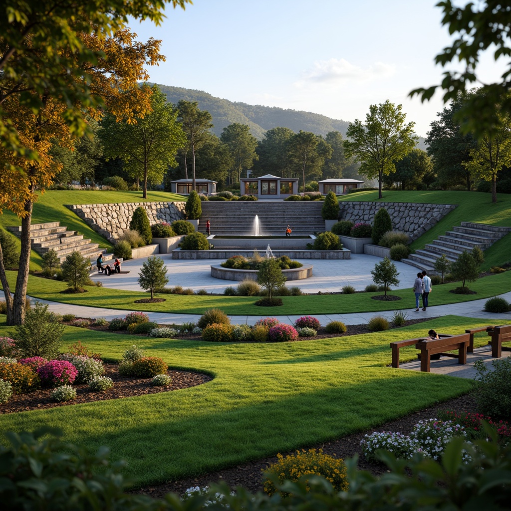 Prompt: Suburban amphitheater, lush green lawns, tiered seating areas, curved walkways, ornamental planters, vibrant flowerbeds, natural stone retaining walls, wooden benches, educational signs, rustic lighting fixtures, warm evening ambiance, shallow depth of field, 3/4 composition, panoramic view, realistic textures, ambient occlusion, serene atmosphere, gentle slopes, meandering pathways, water features, small ponds, fountain displays, scenic overlooks.