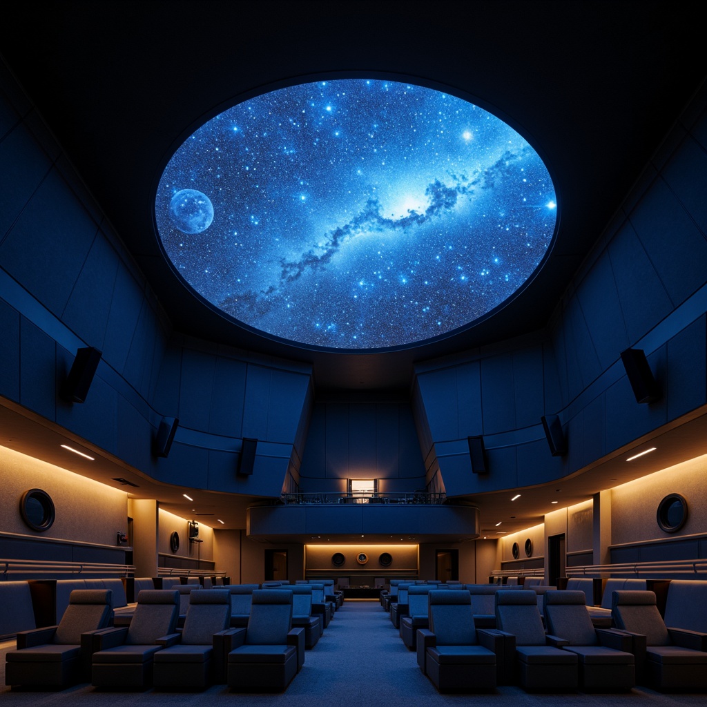 Prompt: Domed planetarium interior, dark blue ceiling, starry night sky projection, surround sound speakers, acoustic panels, sound-absorbing materials, curved seating arrangement, plush theater seats, minimalistic decor, futuristic ambiance, soft warm lighting, shallow depth of field, 1/2 composition, realistic textures, ambient occlusion.