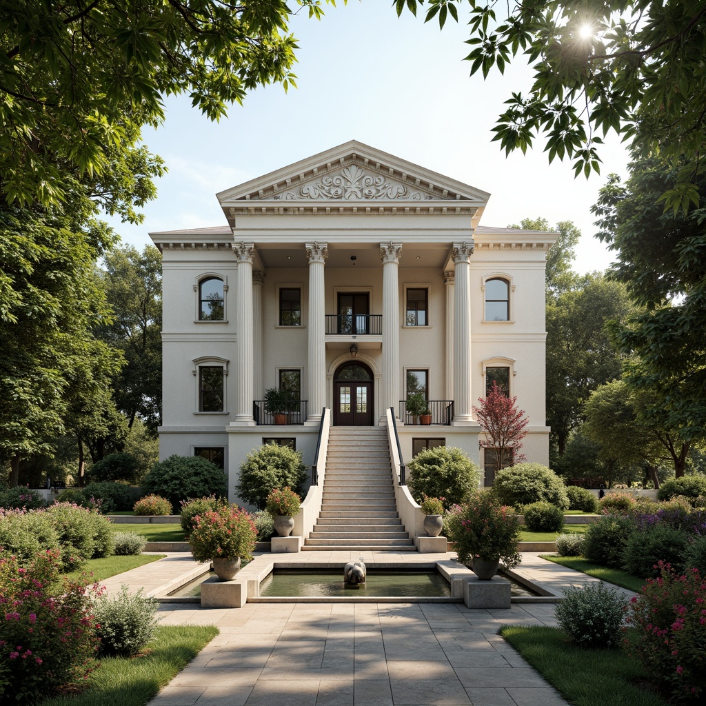 Prompt: Grand neoclassical mansion, symmetrical facade, ionic columns, ornate carvings, grand staircase, marble floors, intricate moldings, lush green gardens, tranquil ponds, walking paths, statues, fountains, vibrant flowers, blooming trees, soft natural lighting, warm color palette, classical proportions, balanced composition, serene atmosphere, realistic textures, ambient occlusion.