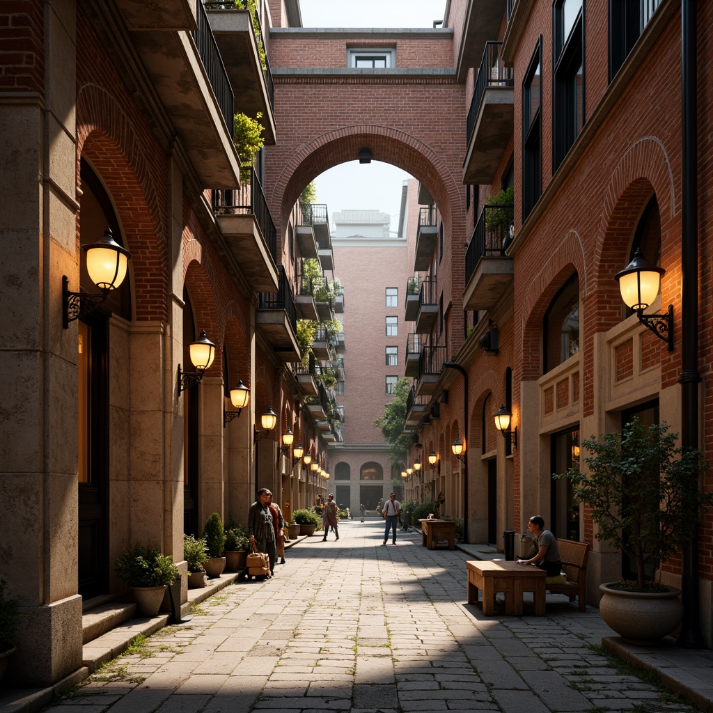 Prompt: Rustic urban streetscape, ornate brick facades, intricate archways, classical columns, vintage street lamps, worn stone pavements, exposed ductwork, industrial-chic aesthetic, distressed textures, warm golden lighting, shallow depth of field, 2/3 composition, symmetrical framing, atmospheric perspective, realistic normal mapping.