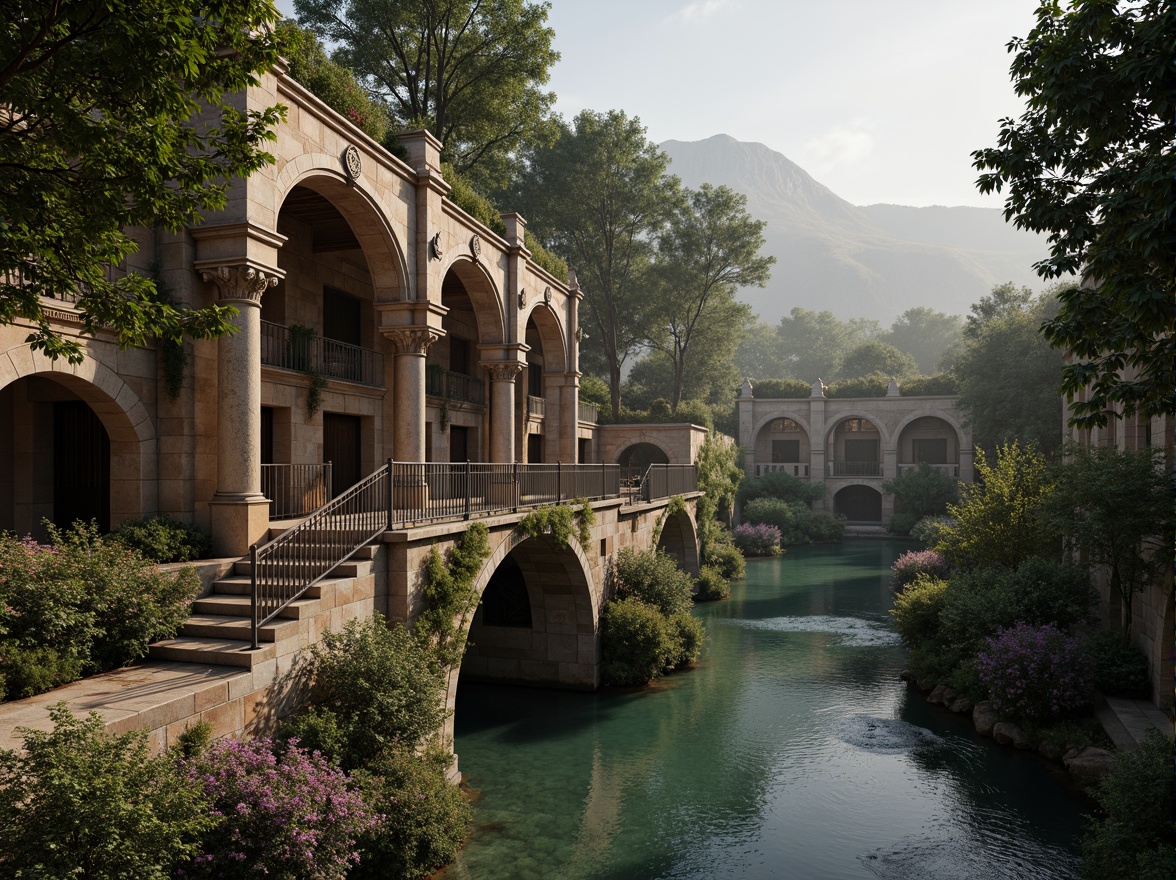 Prompt: Ancient Byzantine bridge, rustic stonework, ornate arches, intricately carved capitals, weathered stone surfaces, moss-covered walls, mystical ambiance, soft warm lighting, misty atmosphere, serene water flow, gentle river currents, lush greenery, vibrant flowers, natural stone walkways, ornamental railings, majestic piers, grandiose columns, dramatic vaulted ceilings, warm earthy tones, textured stone textures, realistic weathering effects.