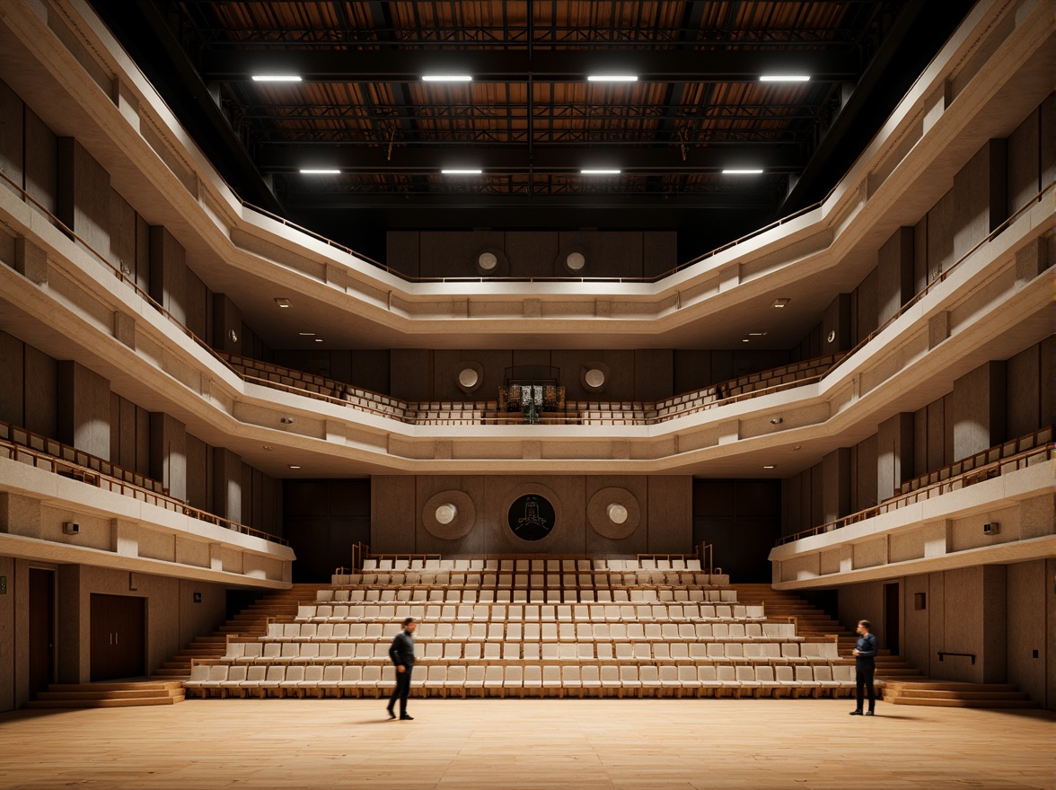 Prompt: Geometric auditorium, minimalist stage design, hexagonal acoustic panels, wooden floors, industrial steel beams, brutalist concrete walls, cantilevered balconies, asymmetrical seating arrangement, futuristic lighting fixtures, ambient indirect illumination, 1/2 composition, shallow depth of field, realistic materials, soft warm color palette, functional furniture design, abstract art installations, eclectic textiles, dynamic sound wave patterns.Please let me know if this meets your expectations!