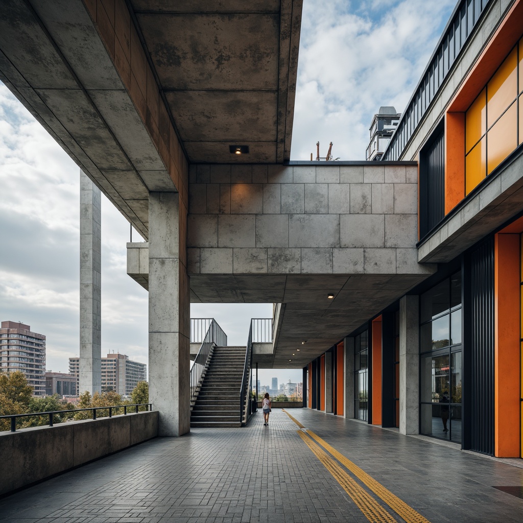 Prompt: Industrial heritage, brutalist architecture, raw concrete textures, exposed ductwork, metallic accents, minimalist decor, functional typography, bold color blocking, geometric patterns, clean lines, rectangular forms, urban cityscape, cloudy skies, soft diffused lighting, shallow depth of field, 2/3 composition, realistic renderings, ambient occlusion.