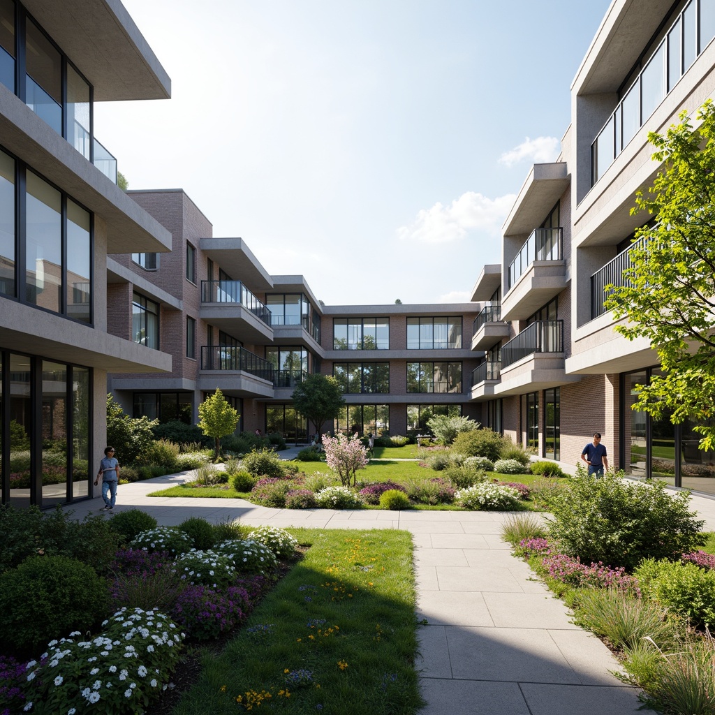 Prompt: Campus buildings, international style architecture, north-facing orientation, rectangular floor plan, flat roofs, large windows, horizontal lines, minimal ornamentation, functional design, steel frames, glass facades, modern materials, open courtyard, lush greenery, vibrant flowers, walking paths, stone pavement, subtle lighting, soft shadows, 1/1 composition, symmetrical balance, realistic textures, ambient occlusion.