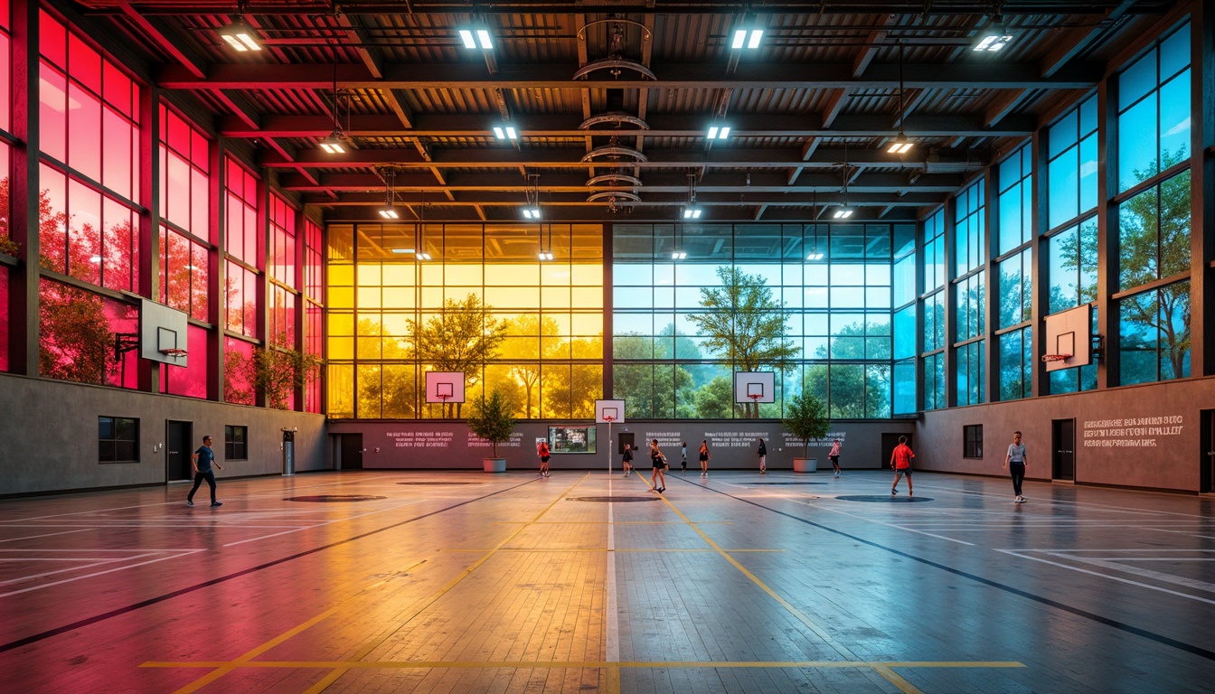 Prompt: Vibrant gymnasium interior, colored glass windows, natural light diffusion, warm ambient illumination, athletic tracks, basketball courts, volleyball nets, sports equipment, wooden flooring, modern architectural design, minimalist decor, steel beams, exposed ductwork, motivational quotes, inspirational posters, dynamic color schemes, energizing atmosphere, high ceilings, spacious open areas, 1/2 composition, softbox lighting, realistic reflections.