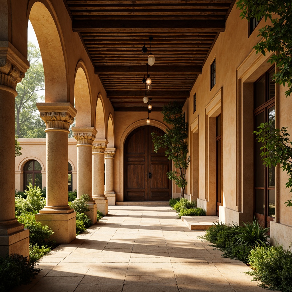 Prompt: Earth-toned Romanesque monastery, rustic stone walls, warm beige arches, ornate carvings, rich brown wooden doors, vibrant green ivy, soft golden lighting, dramatic shadows, 3/4 composition, atmospheric perspective, realistic textures, ambient occlusion.