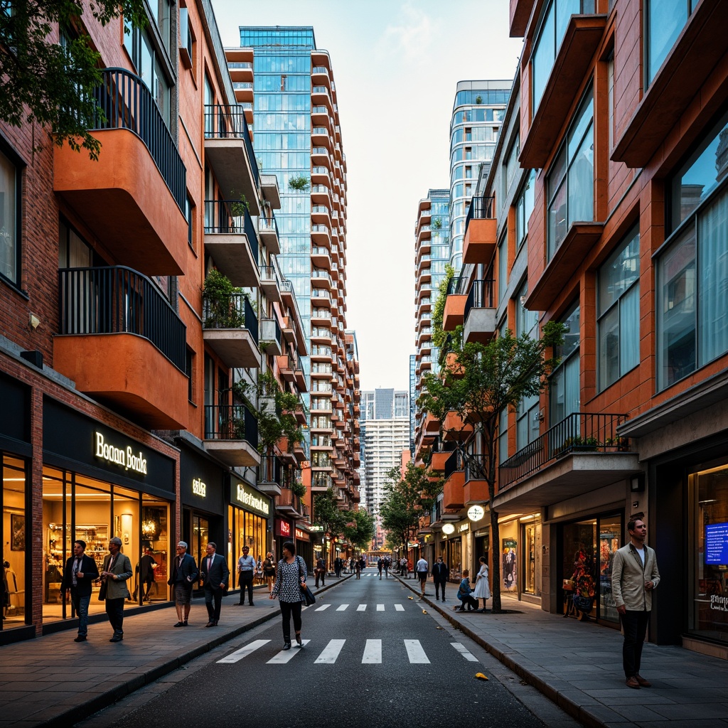 Prompt: Vibrant cityscape, eclectic building facades, bold color blocking, contrasting textures, metallic accents, neon lights, graffiti art, urban landscape, dynamic skyscrapers, futuristic architecture, cantilevered structures, angular lines, geometric patterns, iridescent materials, reflective surfaces, prismatic effects, atmospheric perspective, warm golden lighting, shallow depth of field, 1/2 composition, wide-angle lens, cinematic framing.