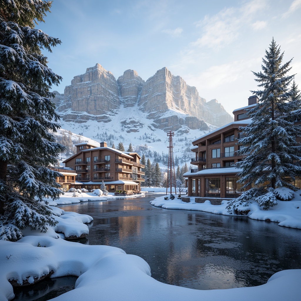 Prompt: Snow-capped mountain peaks, frosty pine trees, icy lakeside, ski lift towers, wooden chalet-style buildings, rustic stone walls, snow-covered roofs, frozen waterfalls, misty morning fog, warm sunlight filtering through trees, shallow depth of field, 1/2 composition, panoramic view, realistic textures, ambient occlusion, natural rock formations, mountainous terrain, winter sports equipment, ski trails, chairlifts, gondolas, festive outdoor lighting, cozy fire pits, wooden decking, snowflake patterns, frozen pond reflections.