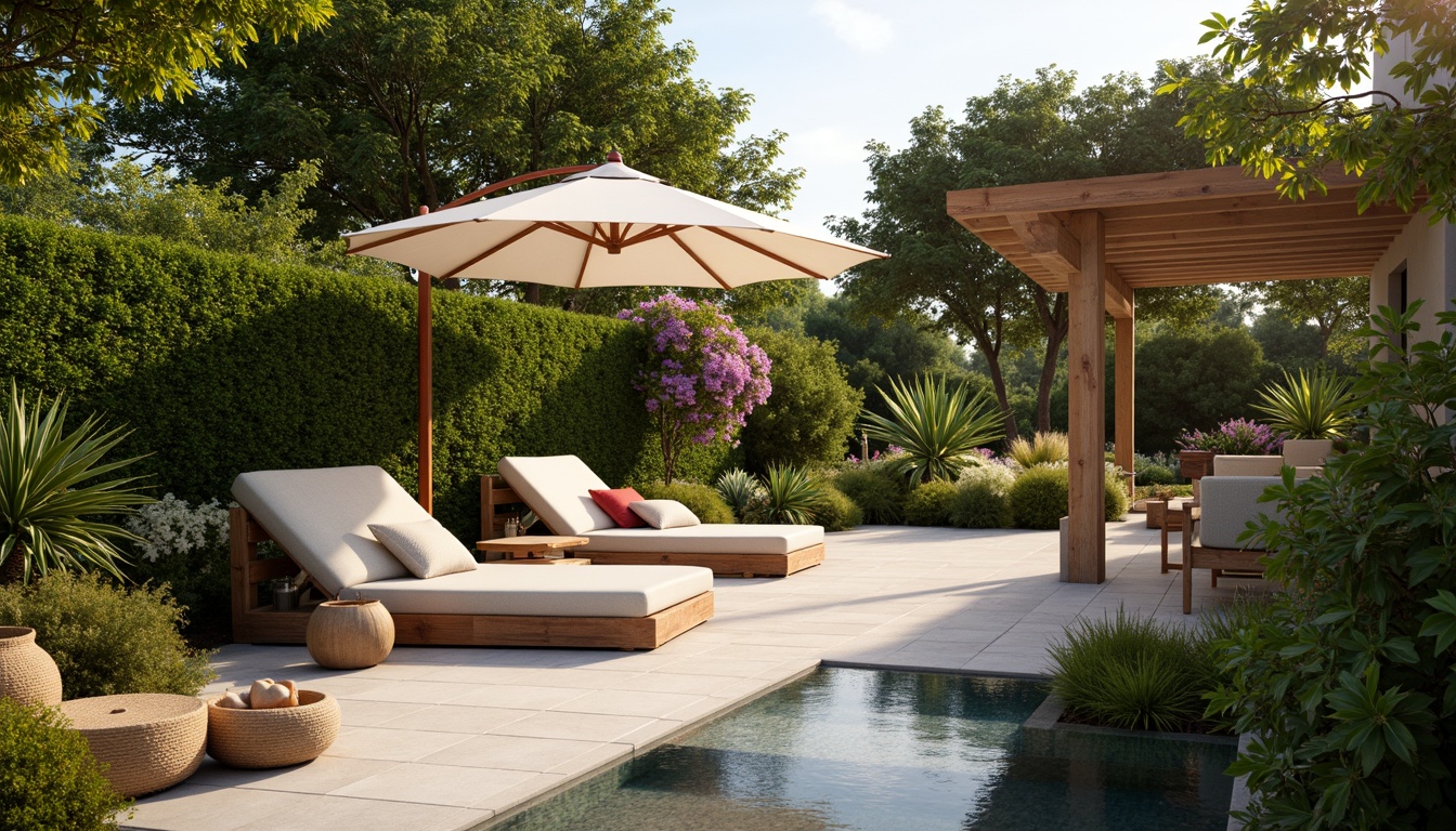 Prompt: Cozy patio, warm ambient lighting, lush greenery, vibrant flowers, comfortable outdoor furniture, soft cushions, natural stone flooring, wooden accents, modern minimalist decor, large umbrellas, refreshing water features, serene garden atmosphere, sunny day, gentle breeze, shallow depth of field, 1/1 composition, realistic textures, ambient occlusion.