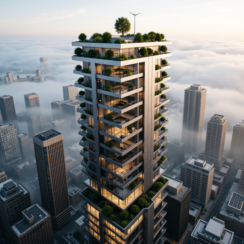 Prompt: Futuristic skyscraper, sleek metallic fa\u00e7ade, verdant green roofs, solar panels, wind turbines, rainwater harvesting systems, eco-friendly materials, minimalist interior design, natural ventilation systems, optimized energy efficiency, panoramic city views, misty atmospheric effects, warm soft lighting, shallow depth of field, 3/4 composition, realistic reflective surfaces, ambient occlusion.