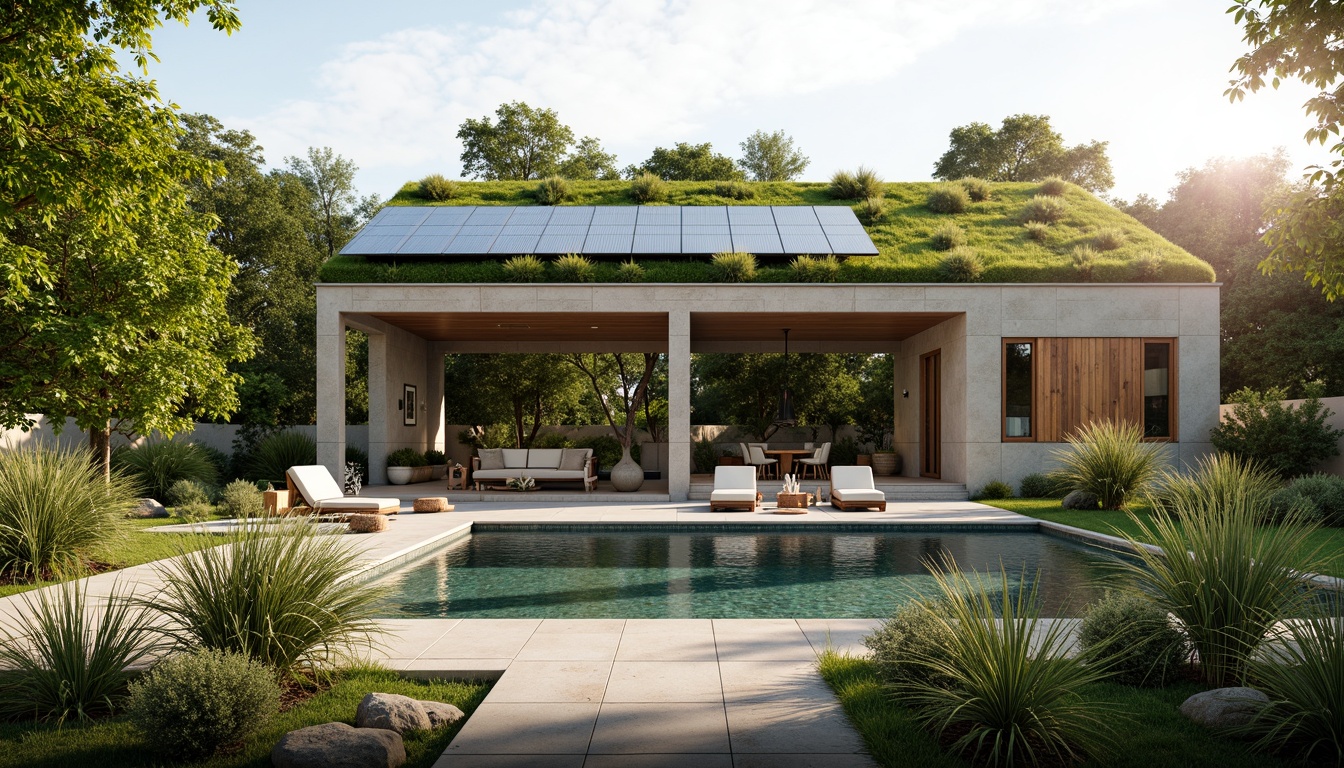 Prompt: Elegant villa, lush green roof, natural stone walls, reclaimed wood accents, solar panels, rainwater harvesting systems, eco-friendly insulation, low-carbon footprint, minimalist design, large windows, sliding glass doors, panoramic views, serene outdoor spaces, shaded courtyards, water features, organic gardens, native plant species, warm earthy tones, soft diffused lighting, 3/4 composition, realistic textures, ambient occlusion.