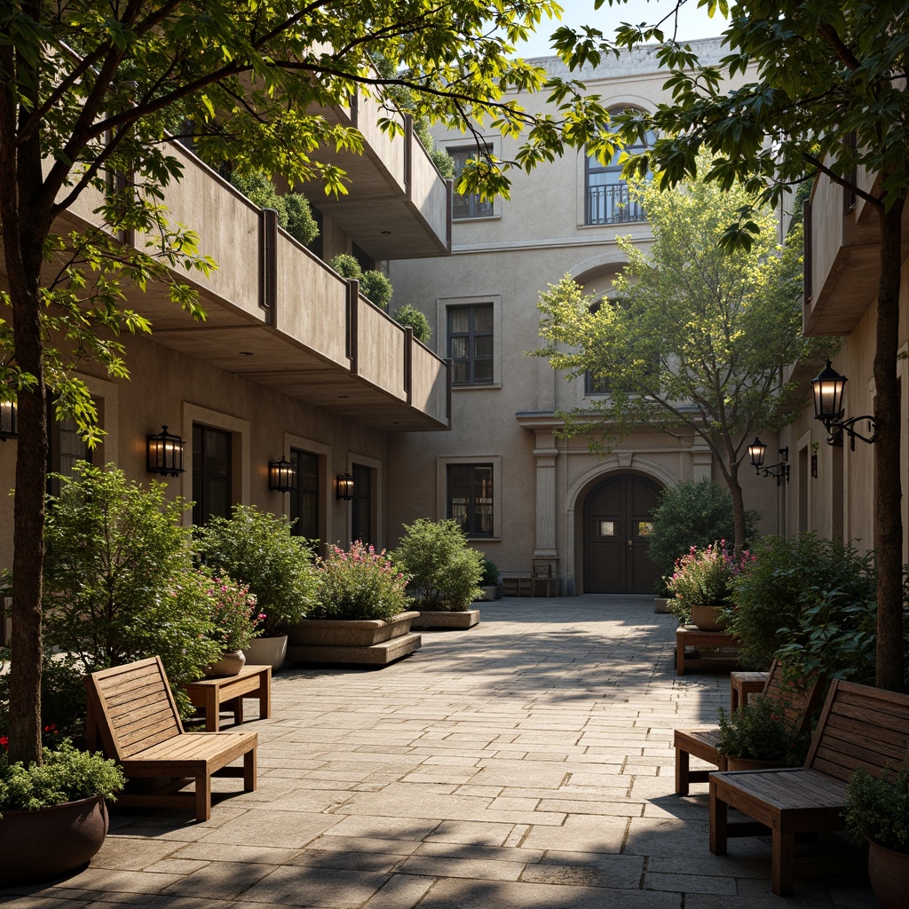 Prompt: Rustic courtyard, worn stone pavement, vintage lanterns, lush greenery, overflowing flower boxes, distressed wooden benches, classic academic buildings, ornate facades, arched windows, grand entrance gates, mature trees, dappled shade, warm golden lighting, soft focus, shallow depth of field, 2/3 composition, symmetrical framing, natural textures, subtle atmospheric effects.Please let me know if this meets your expectations!