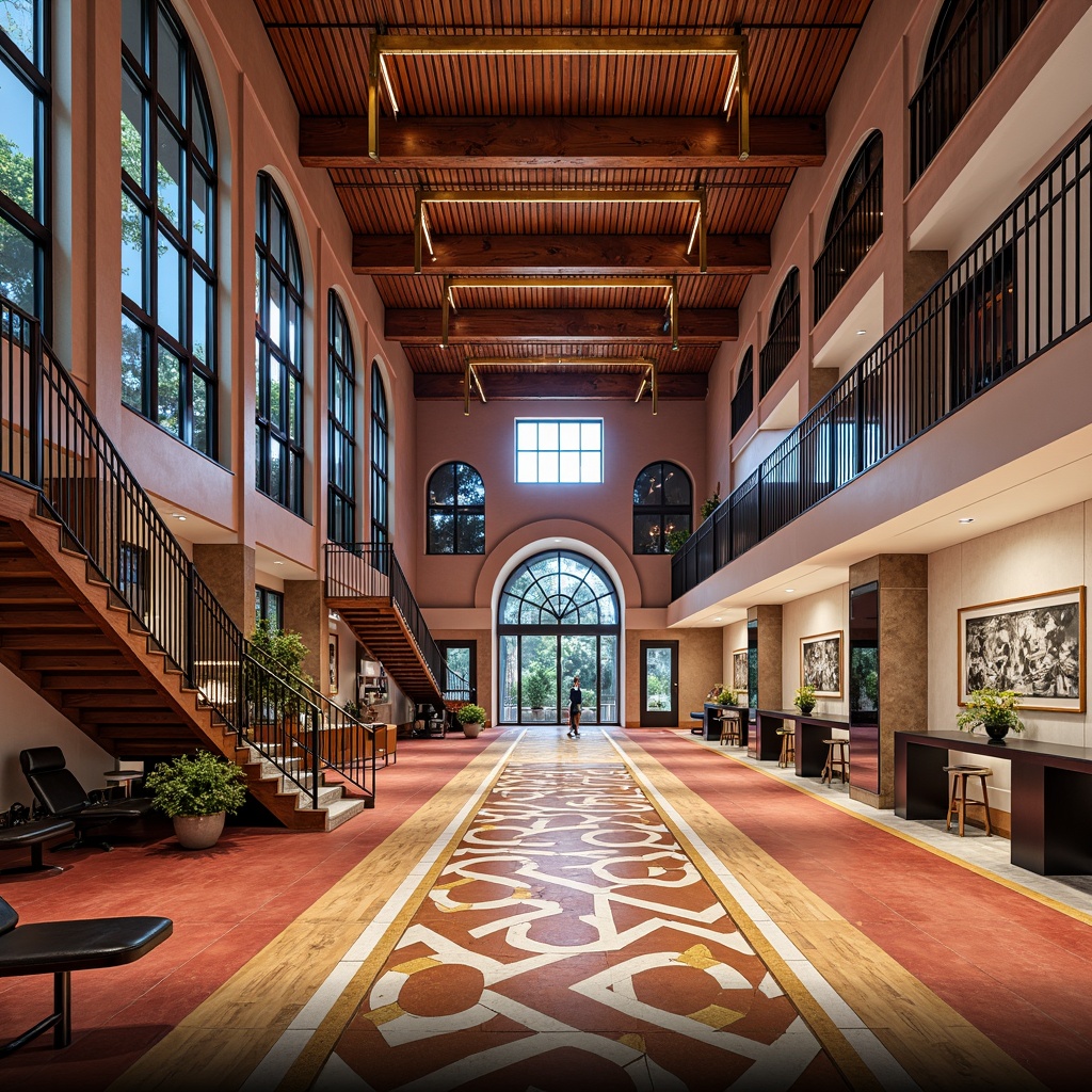 Prompt: Vibrant gym interior, ornate wooden flooring, decorative metal railings, suspended LED lighting, bold color schemes, intricate architectural details, ornamental columns, grand entranceways, sweeping staircases, luxurious locker rooms, marble countertops, polished chrome fixtures, large windows, natural light pouring in, high ceilings, dramatic archways, detailed mosaics, patterned athletic tracks, modern fitness equipment, motivational quotes on walls, dynamic camera angles, shallow depth of field, 1/1 composition, realistic textures, ambient occlusion.